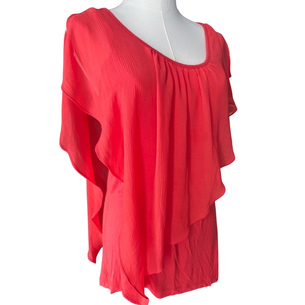 A. Byer Womens XL Coral Red Flutter Layered Sleeve Scoop Neck Blouse Top 745